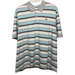 Lacoste Men's Size 8 (XL) Polo Shirt Striped Gray Blue Navy Short‎ Sleeve Cotton